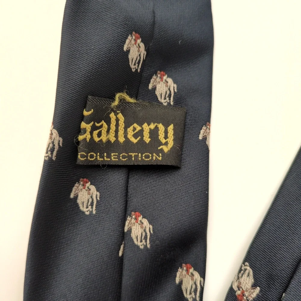 Vtg Horse & Rider Racing Neck Tie Navy Blue Equestrian Gallery Collection